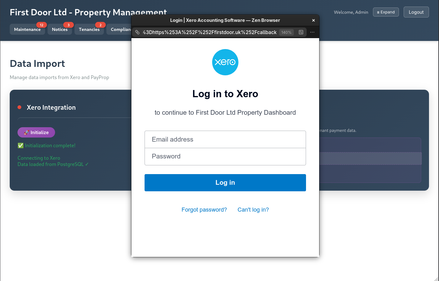 Integration dashboard showing Xero and PayProp connections