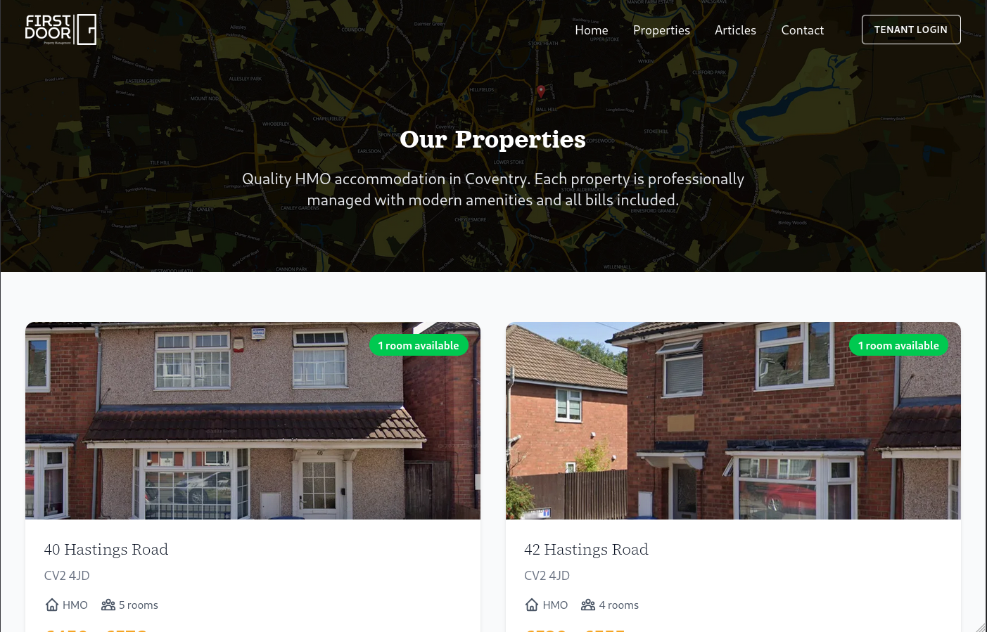 Property website showing available rooms